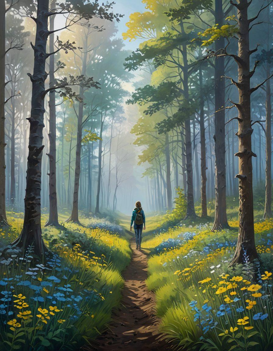 A serene landscape depicting a shadowy forest transitioning into a sunlit meadow, symbolizing the journey from sorrow to motivation. In the foreground, a figure stands with arms lifted, embracing the light, surrounded by vibrant flowers emerging from dark soil. Ethereal wisps of energy rising from the ground represent motivation. The color palette shifts from muted blues and grays to bright yellows and greens, illustrating transformation. painting. vibrant colors.