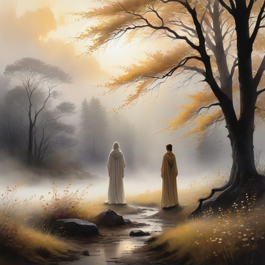 A person standing at the edge of a misty forest, illuminated by soft, golden light breaking through dark clouds. The figure is wrapped in a flowing cloak, staring contemplatively into the distance, surrounded by shadowy trees representing gloom. Subtle hints of blooming flowers at their feet symbolize hope amidst the darkness. The atmosphere is both serene and uplifting, blending elements of light and shadow. watercolor painting. muted tones with bright highlights.